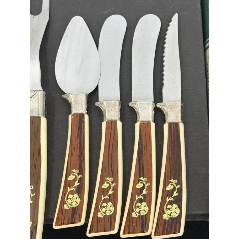 Vintage Lifetime Cutlery Sheffield England 15pc MCM Gold Floral Faux Wood Handle